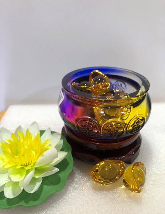 Bát Tụ Bảo Lưu Ly Vàng + Đế Gỗ