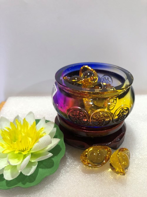 Bát Tụ Bảo Lưu Ly Vàng + Đế Gỗ