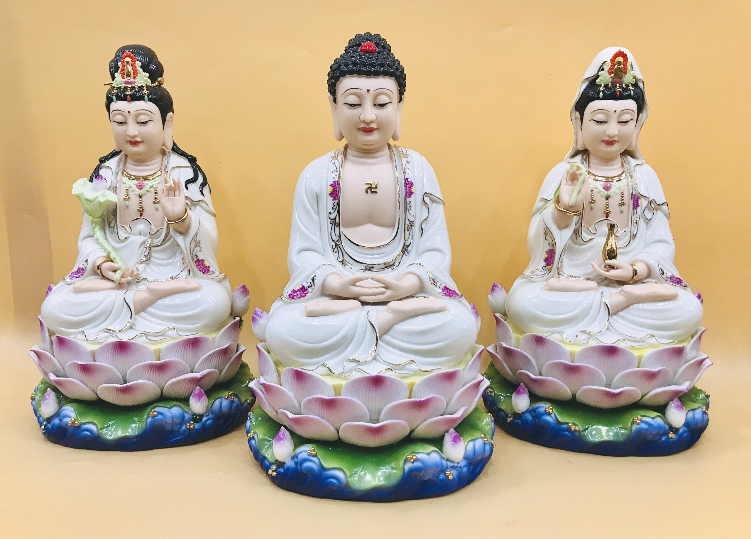 Tam Thế Phật  ngũ sen  xanh da 12 in